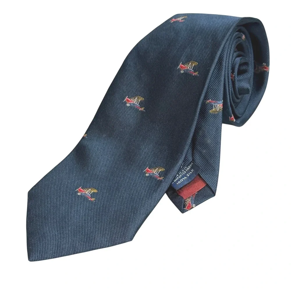 Vintage Lands End Biplane‎ Silk Tie Blue Embroidered Aviation Airplane Captain